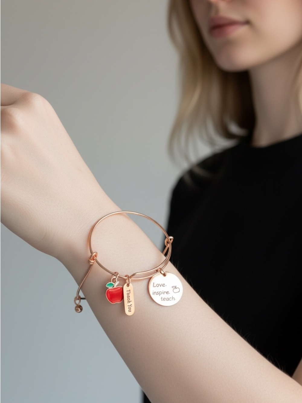 10/2 Rose Gold Teacher Charm Bangle Bracelet with Red Apple Charm